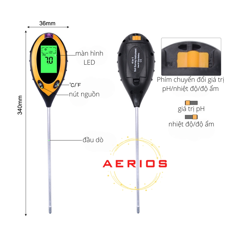 Máy đo độ pH, độ ẩm, nhiệt độ, ánh sáng của đất 4 trong 1 [TẶNG KÈM PIN 9V]