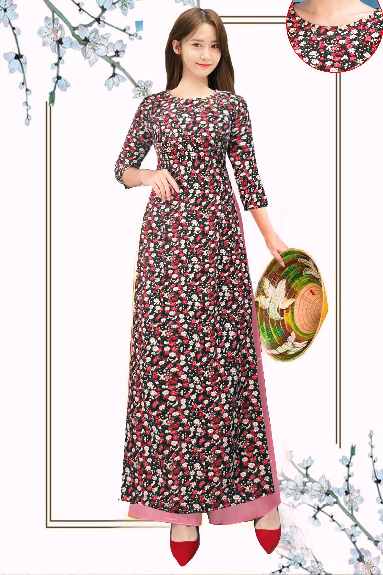 [HCM]Áo dài truyền thống hoa cúc xanh ( áo kèm quần) sản phẩm tốt với chất lượng độ bền cao và được cam kết sản phẩm y như hình