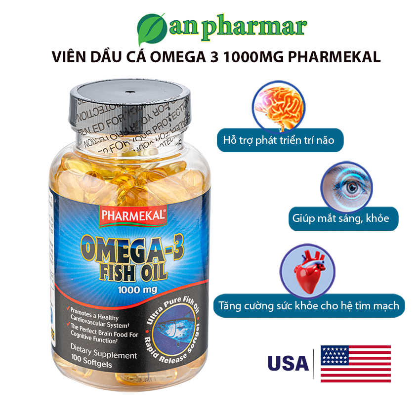 Viên uống dầu cá omega 3 1000mg Pharmekal giúp bổ trí não, tim, mắt 100 Viên nhập khẩu chính hãng từ mỹ