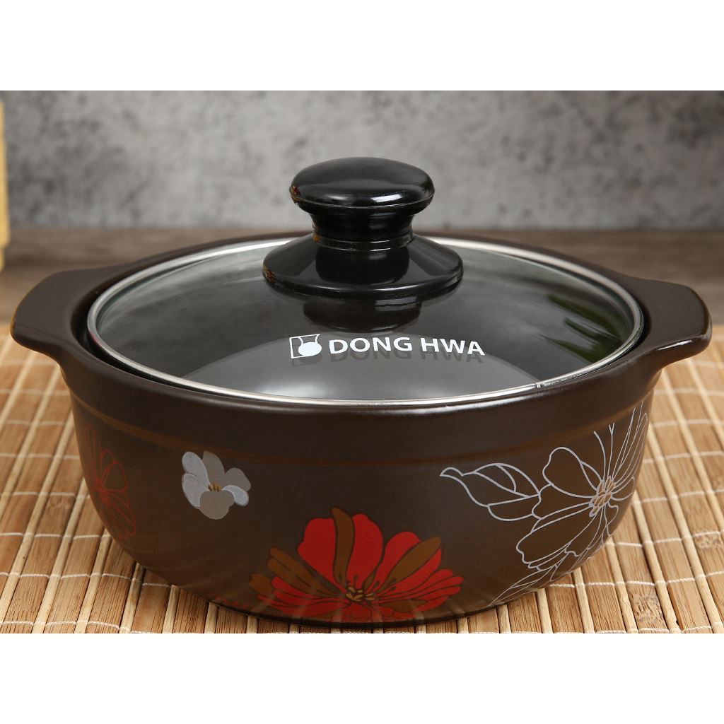 Nồi sứ / nồi đất kho cá, nấu lẩu, mì cay Hàn Quốc Donghwa cao cấp chính hãng, nắp kiếng có hoa , size 1.85 lít