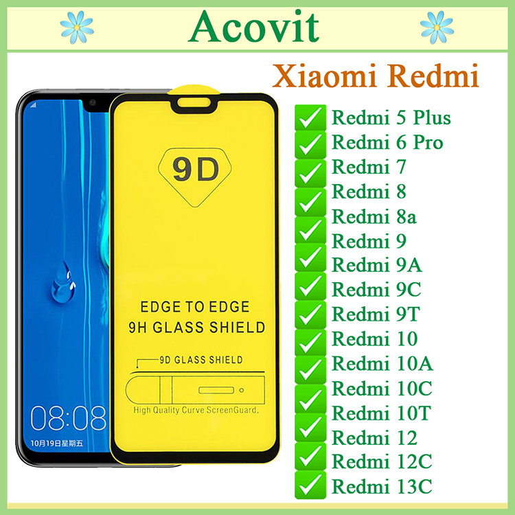 Kính cường lực 9D Xiaomi Redmi 5 Plus/6Pro/7/8/8a/9/9a/9c/9t/10/10a/10c/12/12C/13C  "9D Full Màn hình", (Tặng Giấy lau 1/2) Acovit