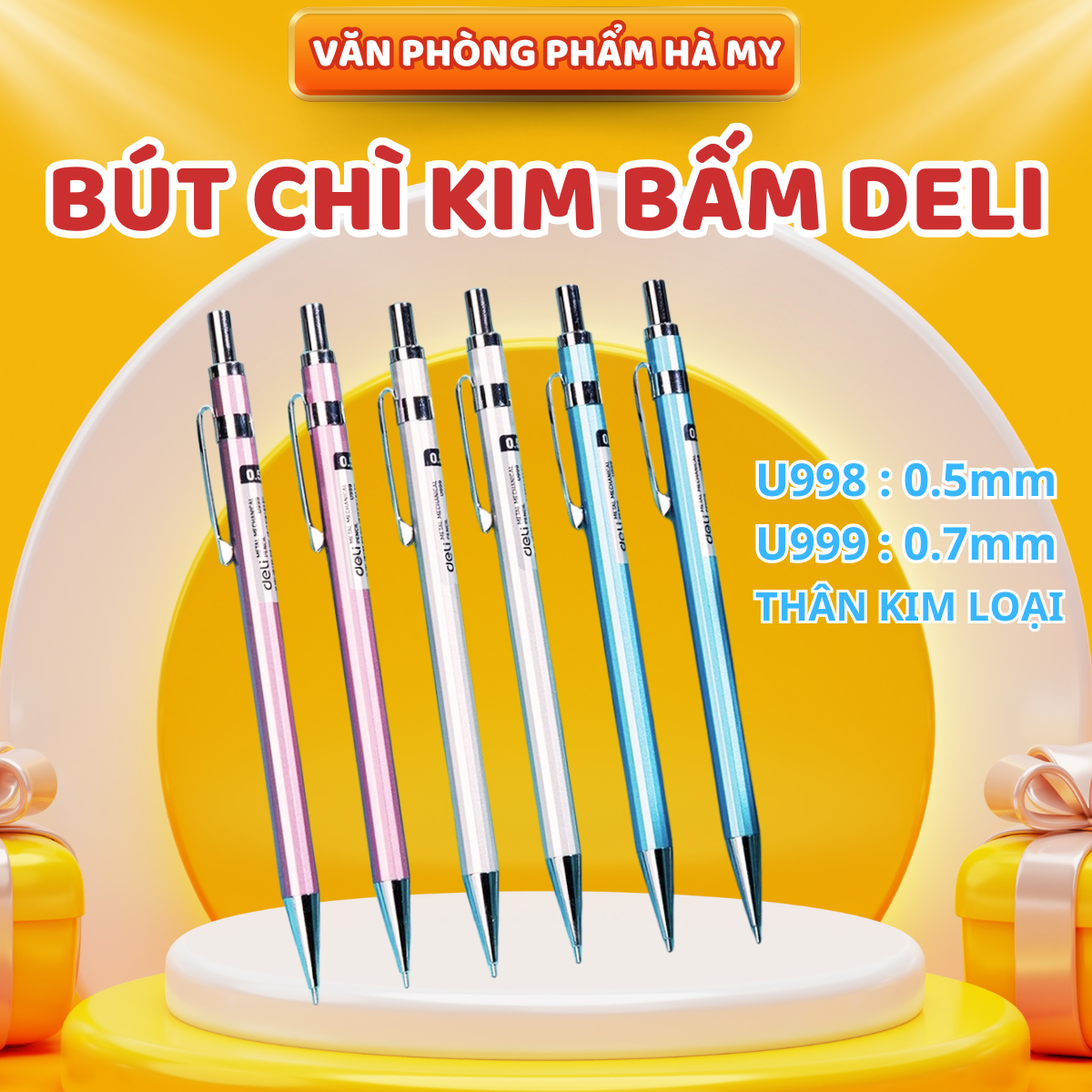 Bút chì kim bấm U998/U999 Deli kèm đầu tẩy thân kim loại