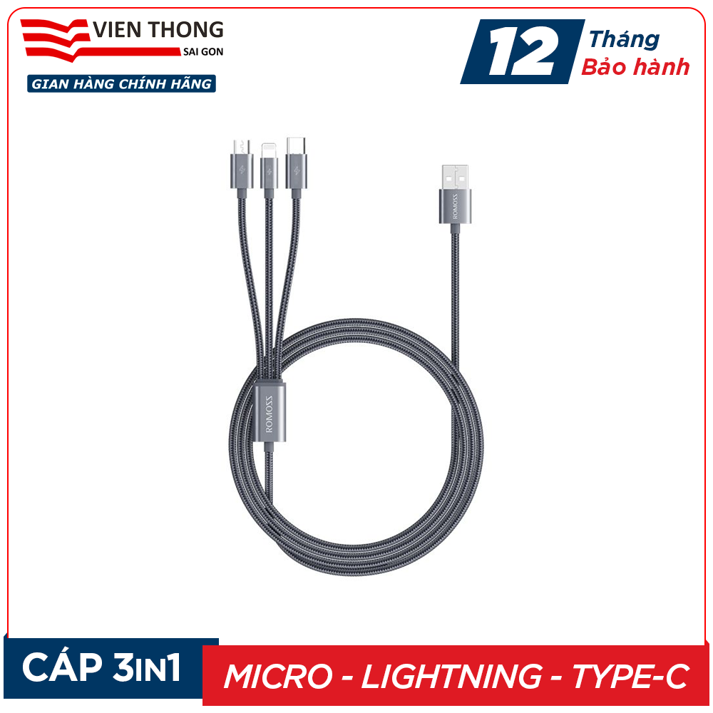 Cáp sạc nhanh Romoss CB25A 3in1 USB to Lightning / Type C / Micro USB dài 1.5m (PT)