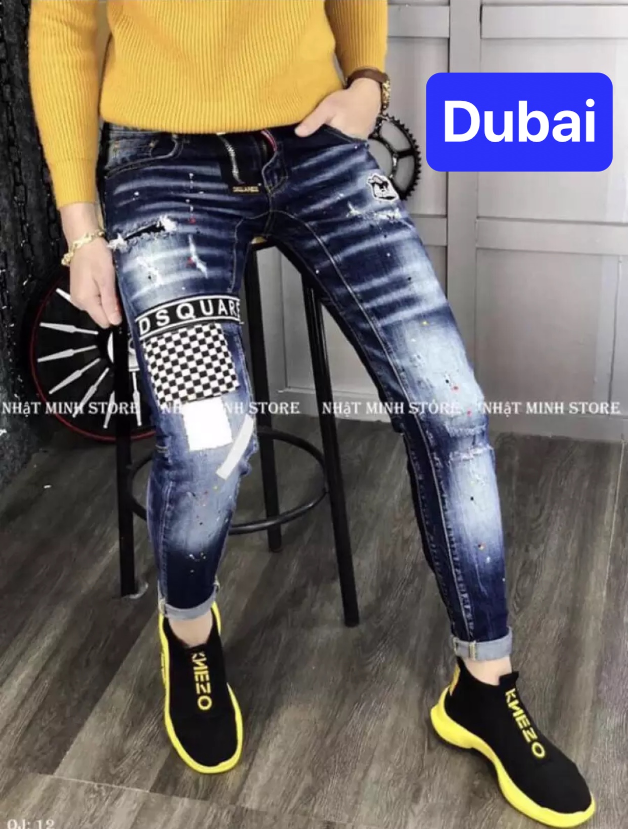 QUẦN BAGGY JEAN NAM CHẤT BÒ XANH SƠN IN CHỮ UNISEX NHẬT BẢN CAO CẤP DB-77 - DUBAI FASHION