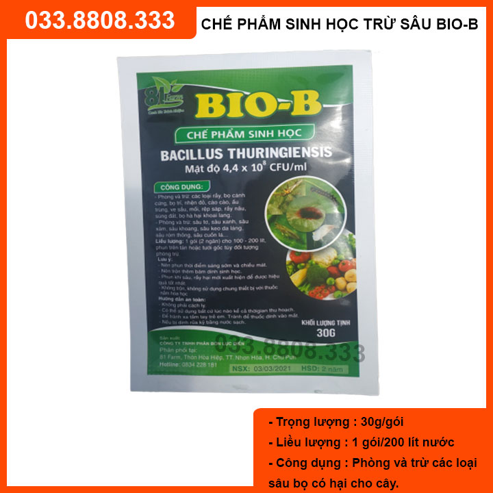 2 Gói Trừ sâu sinh học BIO-B - trừ các loại sâu xanh sâu róm sâu đục thân, nhện đỏ, trĩ...