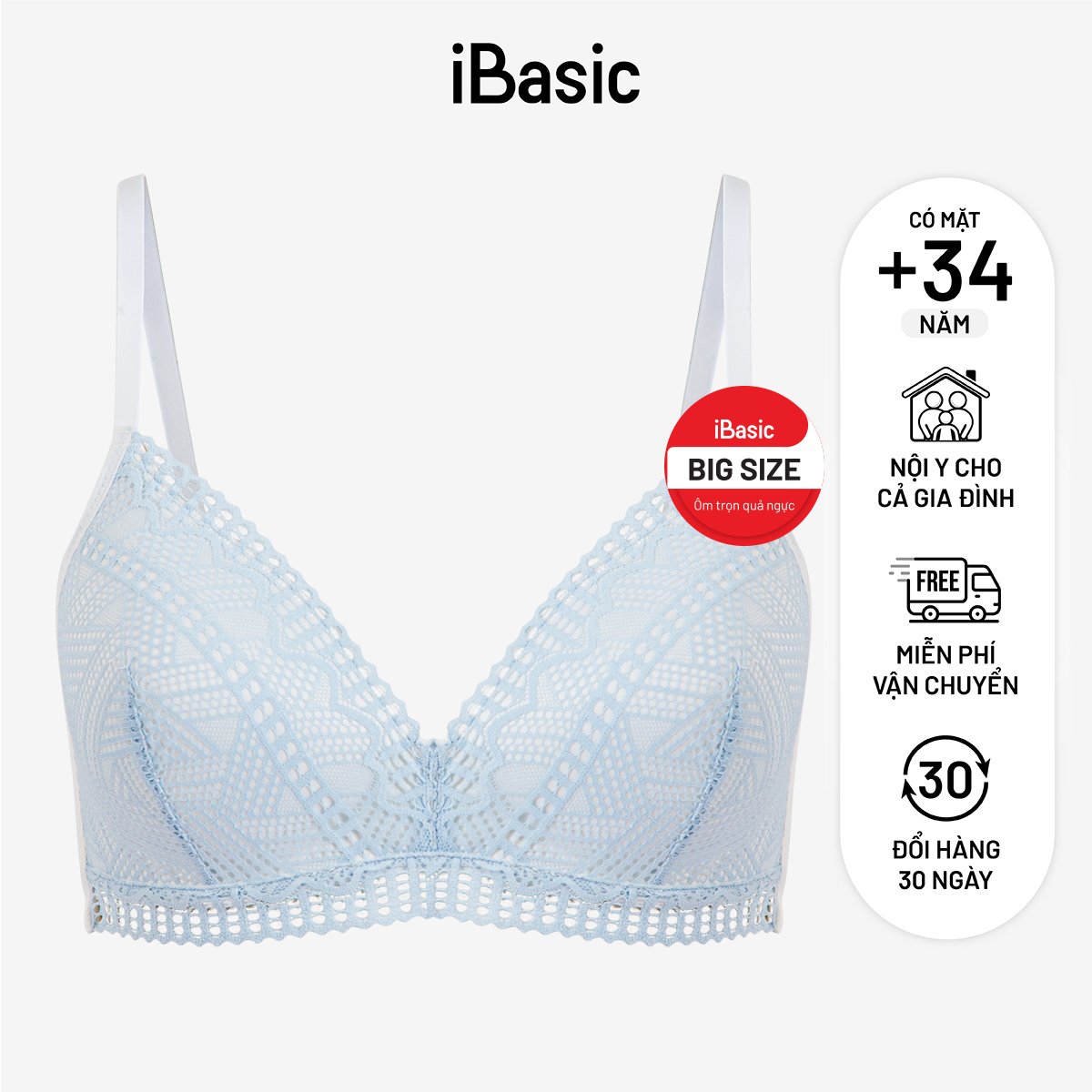 Áo ngực big size iBasic mút mỏng không gọng phối ren BRAY093