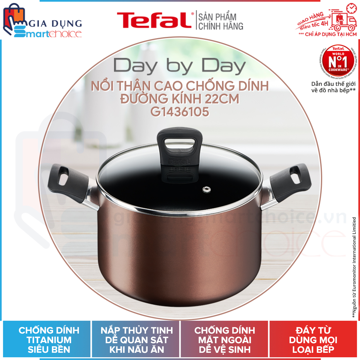 Tefal nồi canh giá shock, nồi canh tefal day by day 20cm g1434406, 22cm thân cao g1436105, hàng chính hãng, đáy từ, giao hỏa tốc giadungsmarthoice