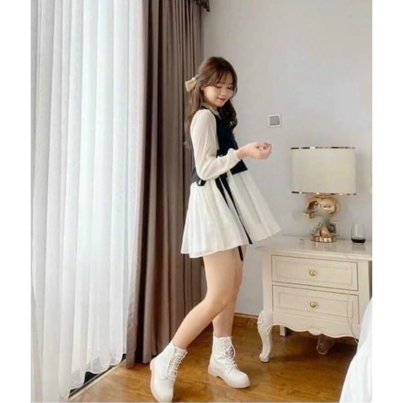 Sét Váy  Cổ Bèo Kèm Áo Gile Buộc Eo Thời Trang