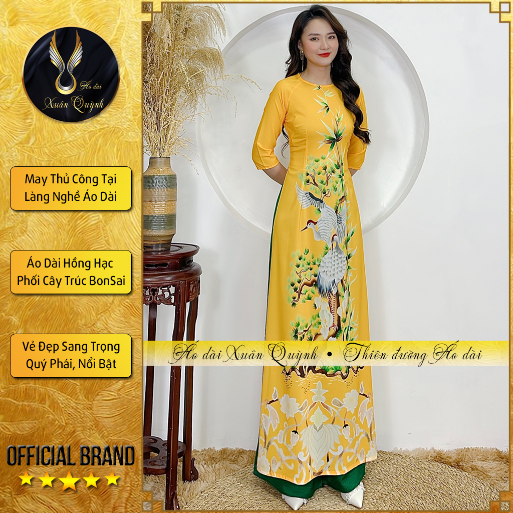 Áo Dài Hồng Hạc Cây Trúc Bonsai Sang Trọng, Lụa Habutai K03 Vàng - Áo dài Xuân Quỳnh