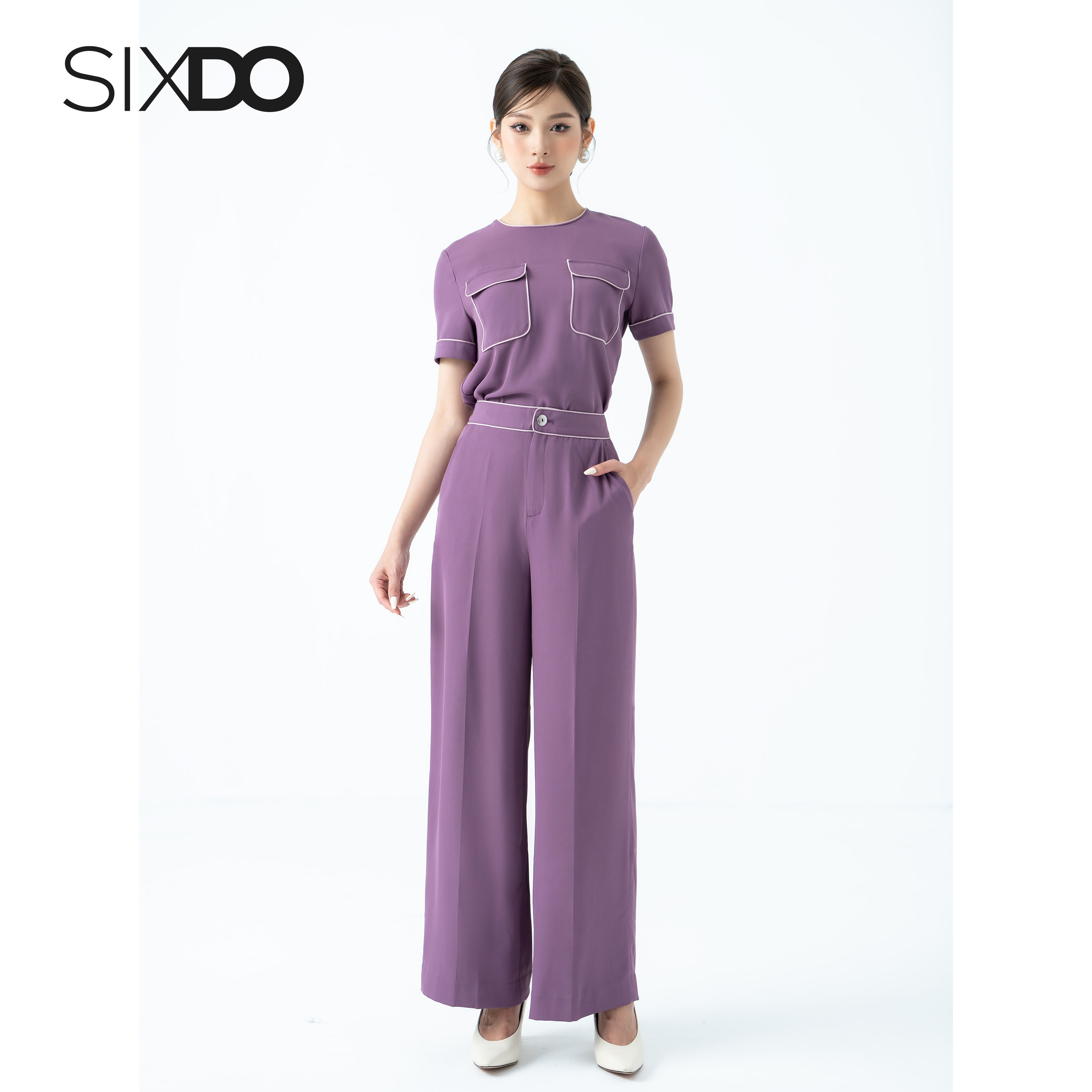 Áo lụa kiêu nữ ngắn tay phối viền trắng SIXDO (Short Sleeves Silk Top)