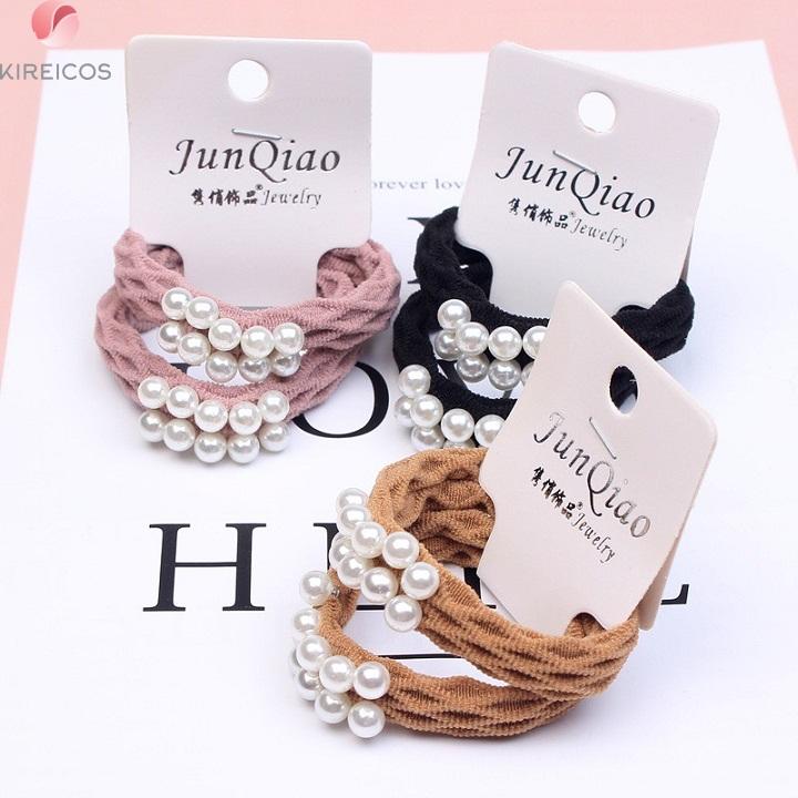 Set 2 Dây Cột Tóc Xoăn Chi Tiết Đan Cườm Màu Đen