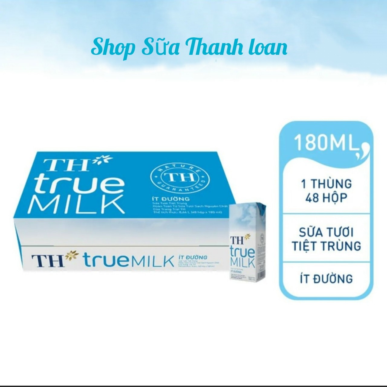 (HSD T10-2024) Thùng 48 Hộp Sữa Tươi Tiệt Trùng TH true MILK ÍT ĐƯỜNG 180ml.