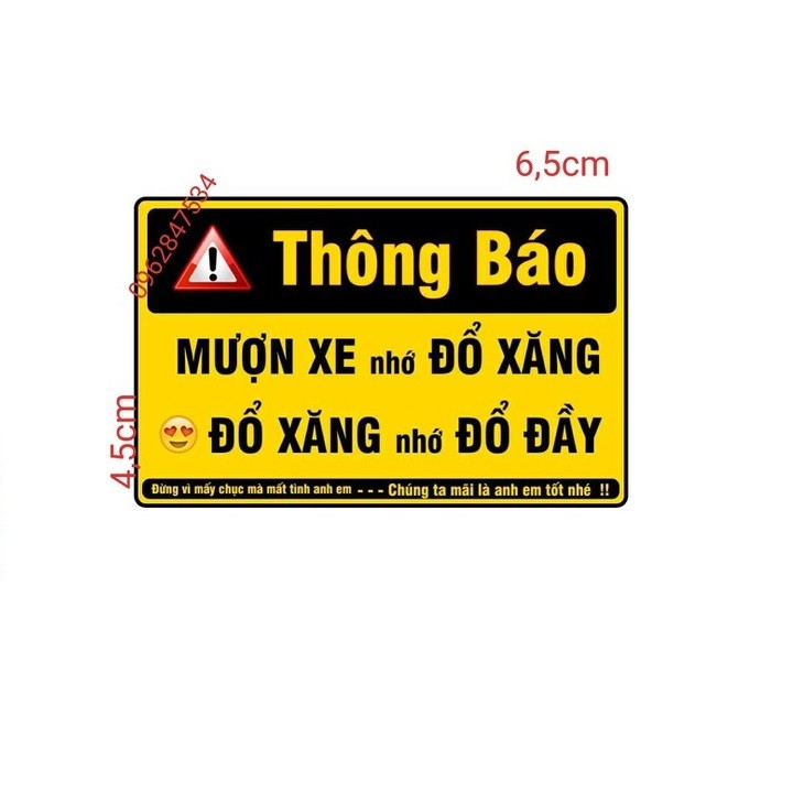 Tem Thông Báo Mượn Xe nhớ Đổ Xăng 1 tấm 6,5x4,5 - Vindecal BD