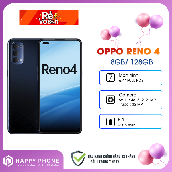 Điện thoại Oppo Reno4 Bộ nhớ trong 128GB | Hàng chính hãng, mới 100%, Nguyên Seal | Bảo hành 12 tháng toàn quốc | màn hình lớn 6.4 inch | Chipset mạnh mẽ chiến game mượt Snapdragon 720G