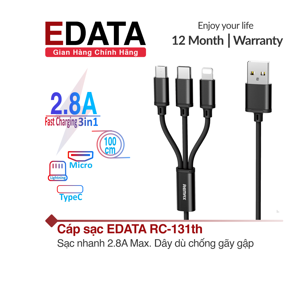 Cáp 3in1 EDATA RC-131th sạc nhanh 2.8A 3 trong 1 dây bọc dù dài 115cm dành cho iPhone Samsung Huawei Xiaomi Oppo