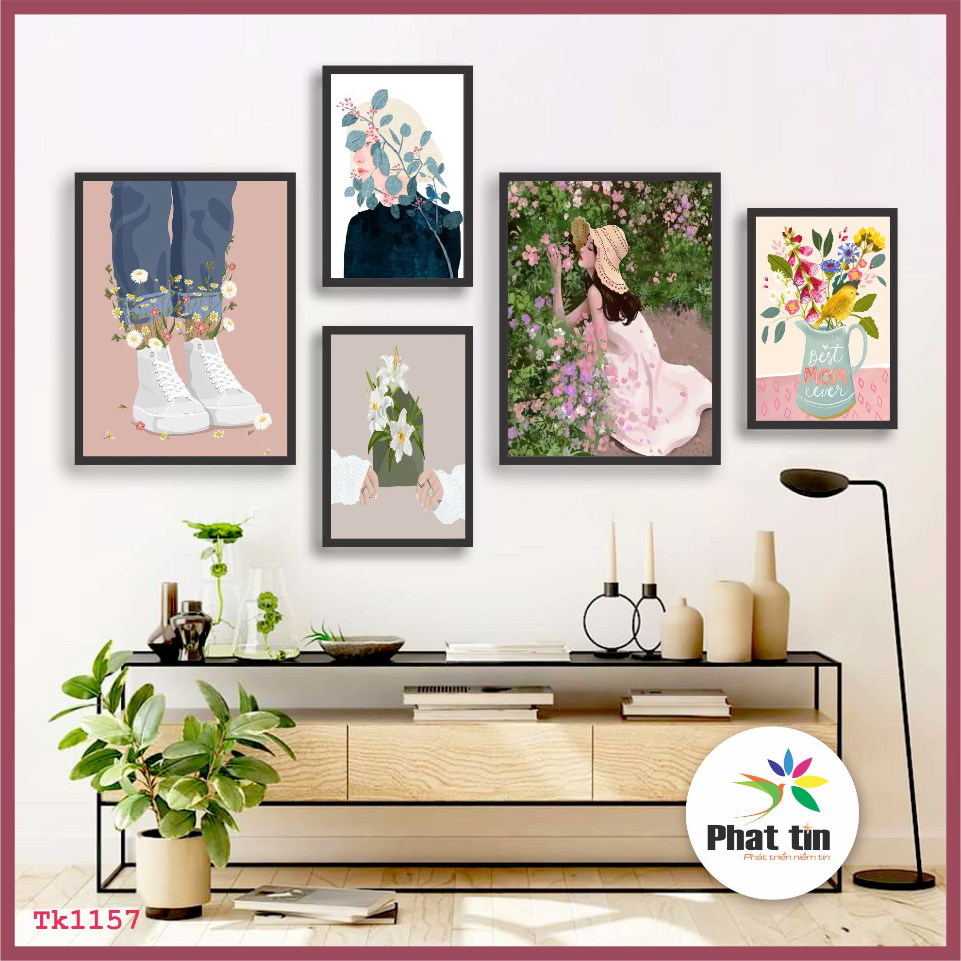 Bộ 5 tranh dán tường phong cách hiện đại, trang trí phòng khách, phòng ngủ, góc live, decor giá rẻ, tranh decor Phát Tín