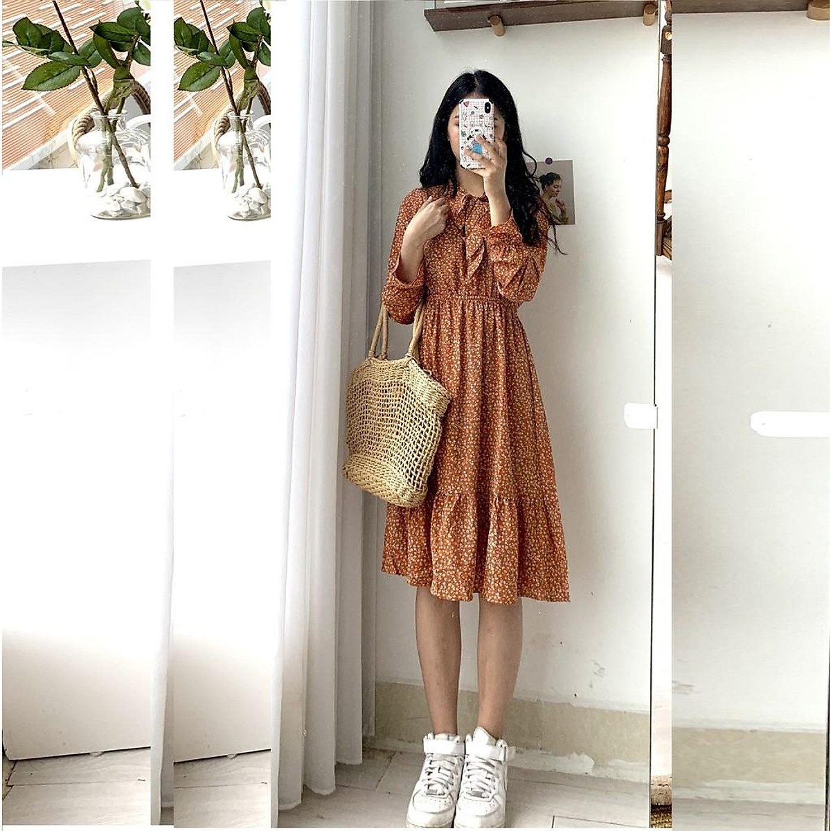 Đầm váy nữ hoa nhí dáng xòe vintage dài tay mẫu mới Da18