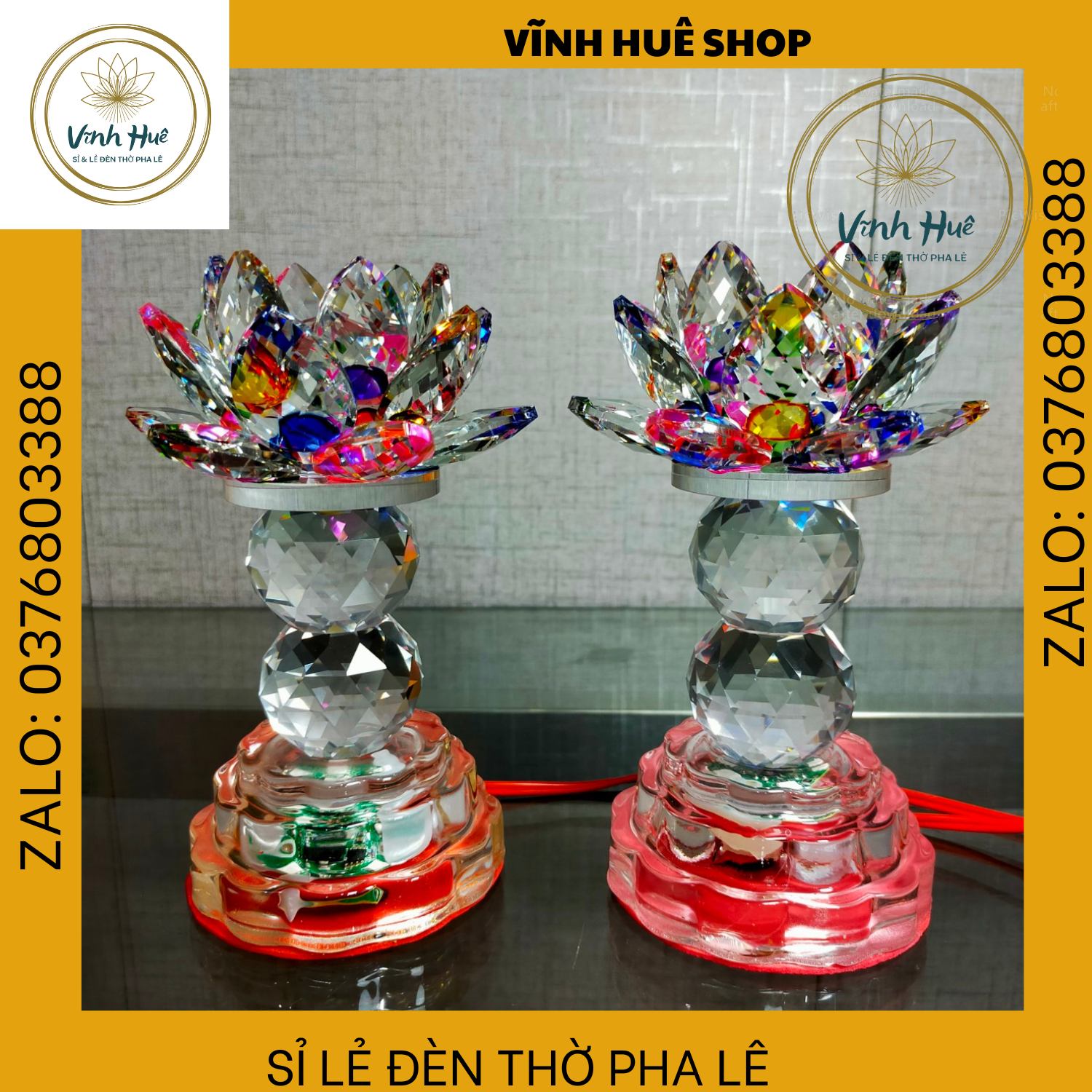 Đèn hoa sen pha lê. Đèn để bàn thờ, mạch led  7 màu . Đèn Thờ Cúng