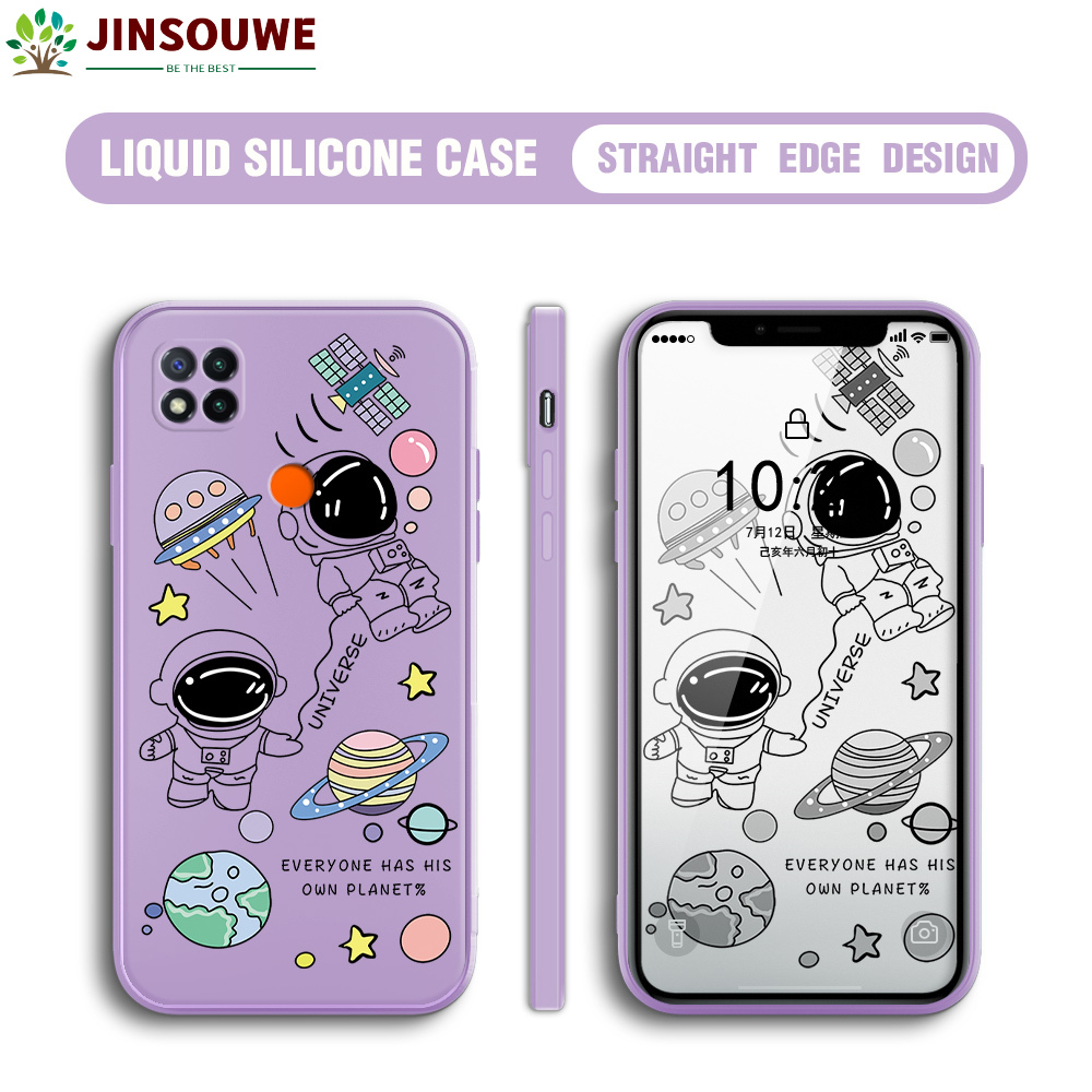 Jinsouwe Phone Case For Redmi 9C Case For Boys Girls Cartoon MASA Astronaut Casing Square Edge Silicone Full Lens Cover Shockproof Camera Protection Case