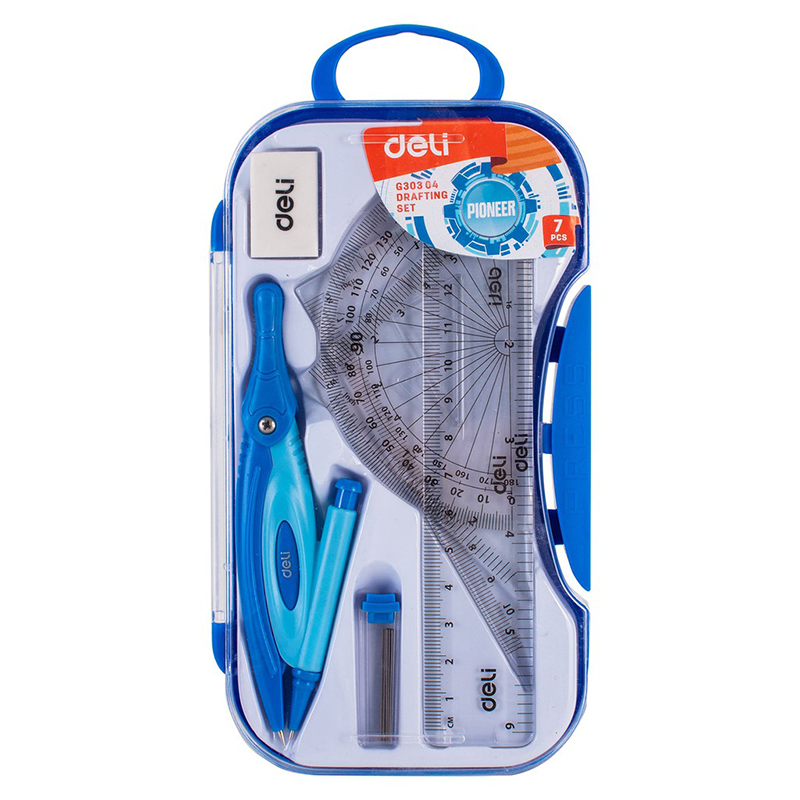 Bộ compa thước eke Deli 7 loại 15cm chì kim G30304 (hộp nhựa) (Hồng/Xanh)