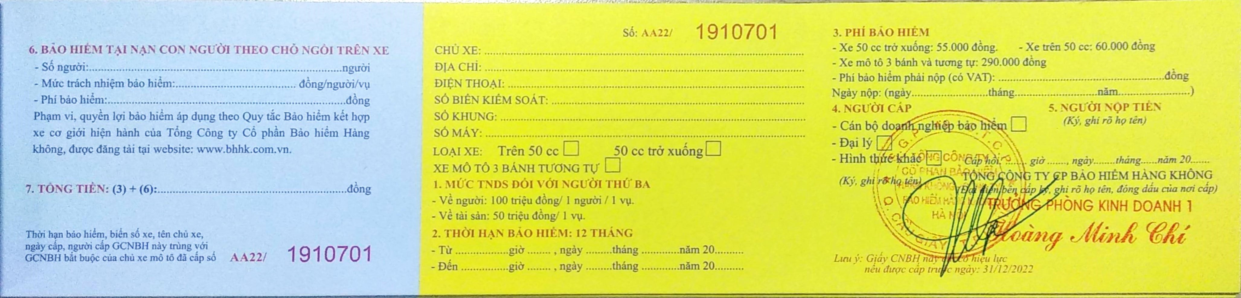 Bảo hiểm xe máy bắt buộc 1 năm