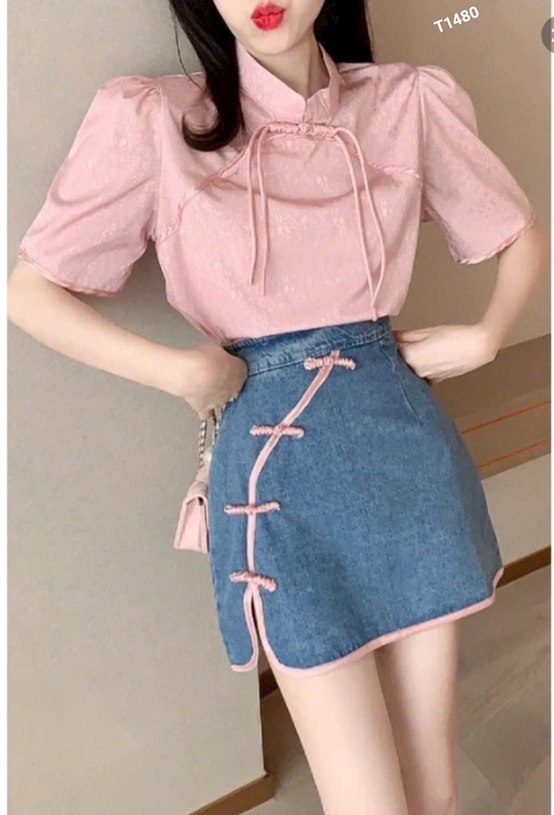 Set áo gấm nút tàu phối chân váy jean có lót quần trong T1480