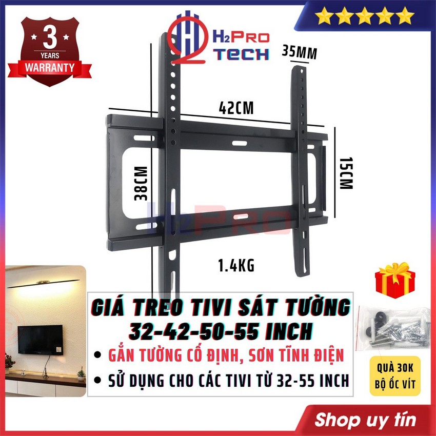 Giá Treo Tivi Thẳng 32-55 Inch Cố Định Sát Tường Cao Cấp Hỗ Trợ Tv 32-40-43-50-55 Inch, Quà 30K Bộ Ốc Vít-H2Pro Tech