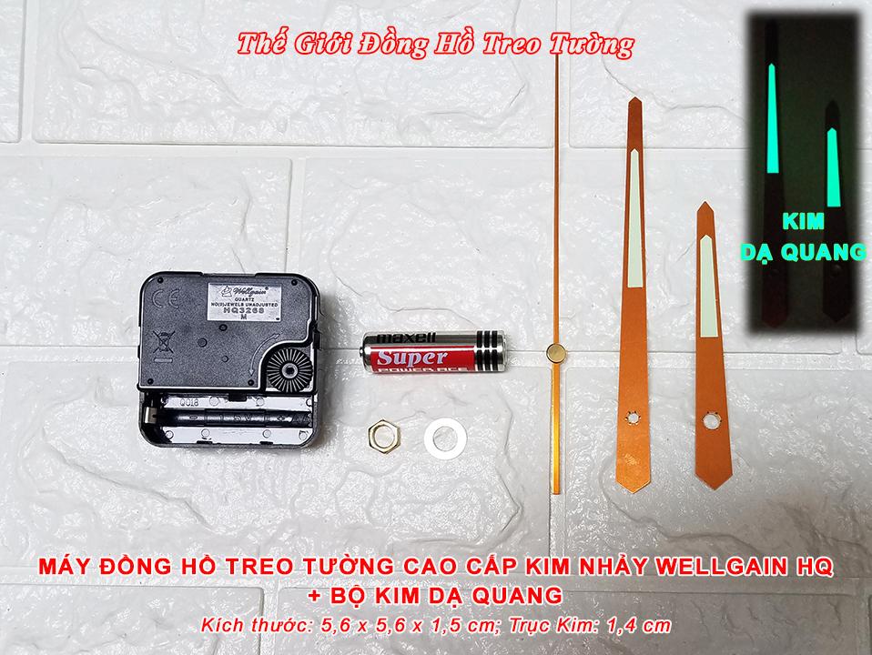 Máy Đồng Hồ Treo Tường WELLGAIN Kim Nhảy Cao Cấp – Kim Màu Vàng Đồng có Dạ Quang - Bảo hành 1 năm – Tặng Pin Maxell