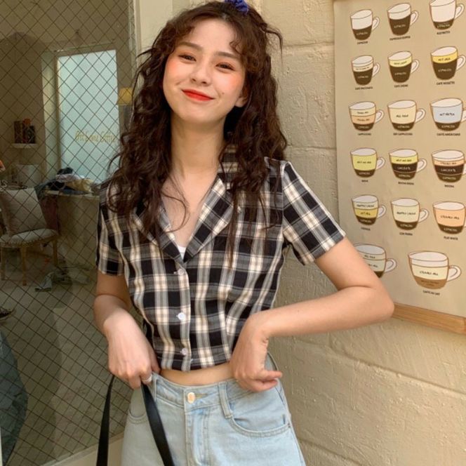 Áo sơ mi sọc karo cổ vét dáng croptop form 45kg