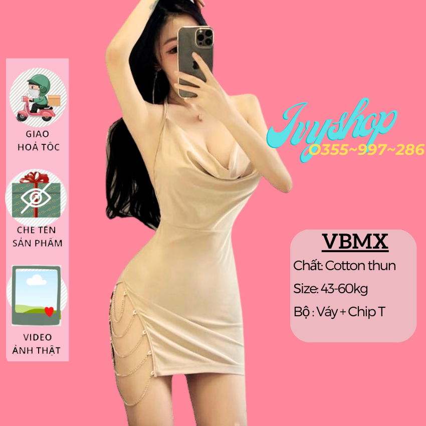 Váy Ngủ 2 Dây Sexy Body Cổ Đổ Xẻ Đùi Phối Dây Kim Loại Gợi Cảm - Đầm Ngủ Body Xẻ tà Gợi Cảm -VB Mắt xích
