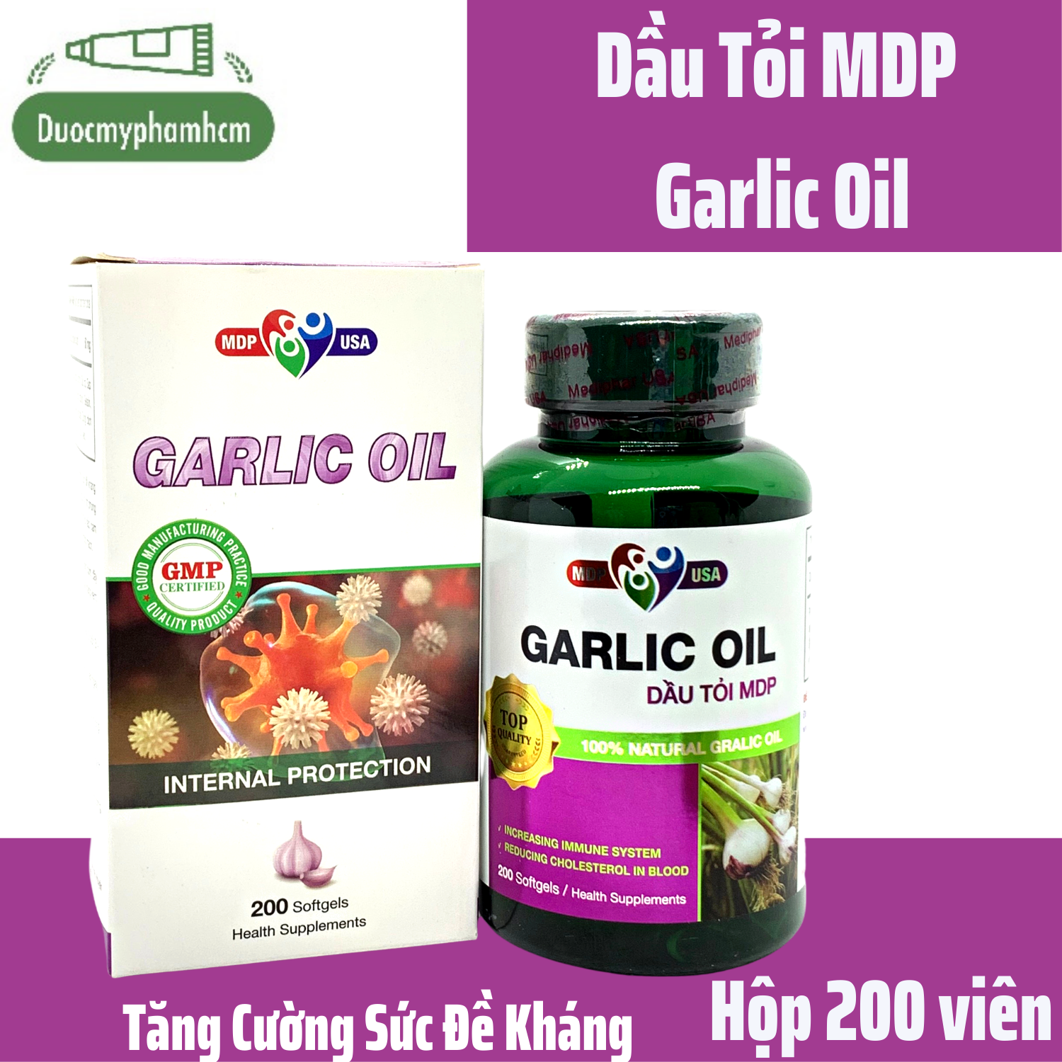 Viên dầu tỏi mdp 1000mg 1:20 chiết xuất dầu tỏi tía- tăng cường sức đề kháng, phòng ngừa cảm cúm- hộp 200 viên nang