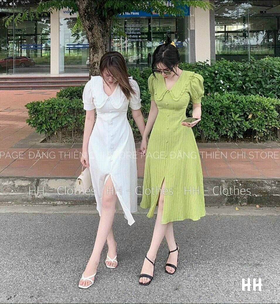 Đầm Chẻ Tà Cổ Lai Bèo Chất Kate Lụa