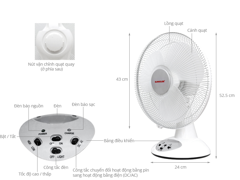 Quạt sạc điện Sunhouse SH722 (Hàng trưng bày 97%)