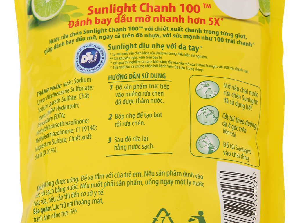 ( túi 725ml) Nước rửa chén Sunlight Chanh 100 chiết xuất chanh tươi