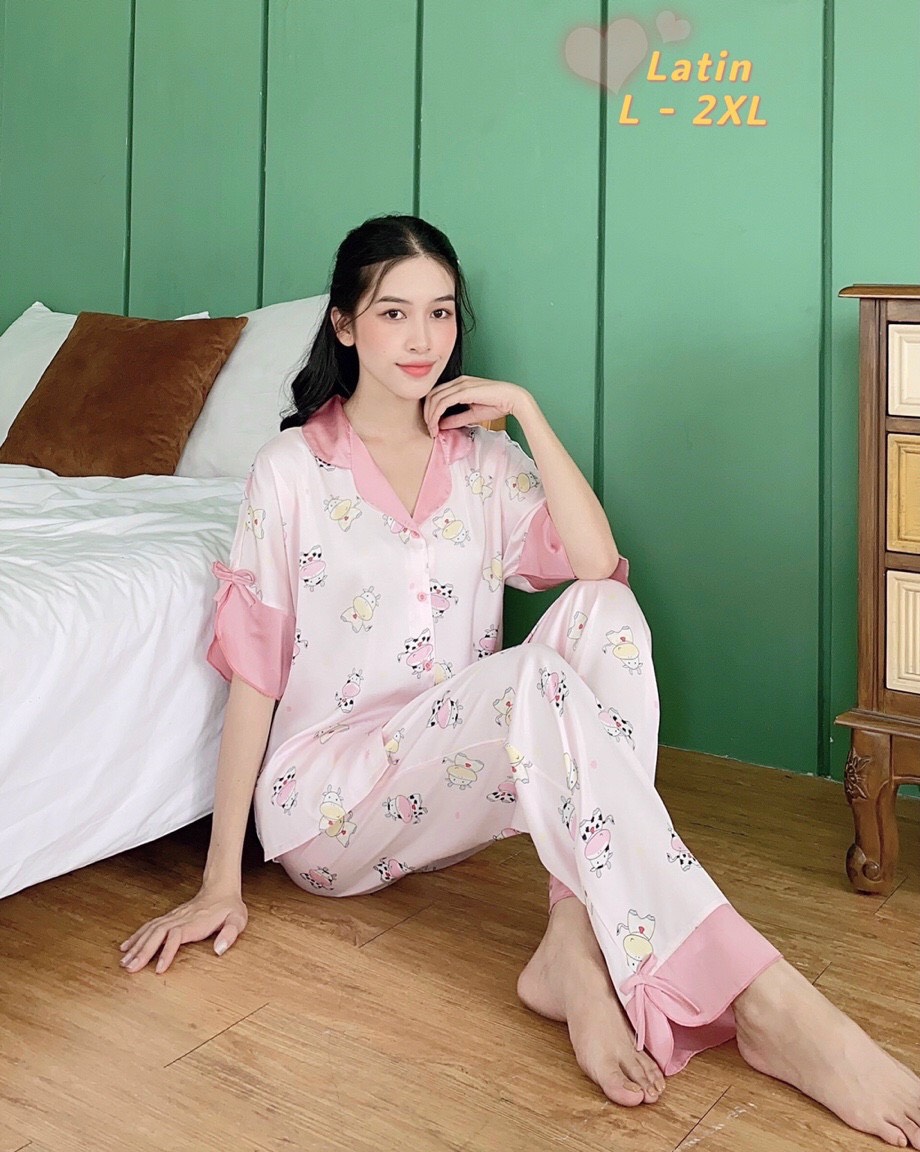 Bộ đồ Pijama lụa latin  Bộ lụa thiết kế tay dơi bèo chất liệu mát lịm