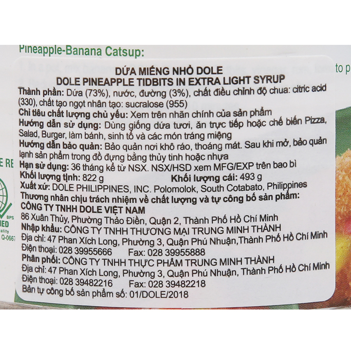 Dứa tươi miếng nhỏ Dole 822g - SibMart - SM0415