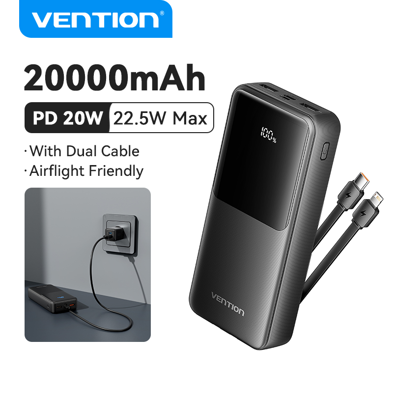 Vention 20000mAh Powerbank 22.5W Super Charge 10000mAh Power bank PD 20W Built in Type C Lightning Cable for iPhone 15 14 13 pro max Samsung S24 Ultra S23 S22 Xiaomi 13t 12t Cellphone Portable Power Station