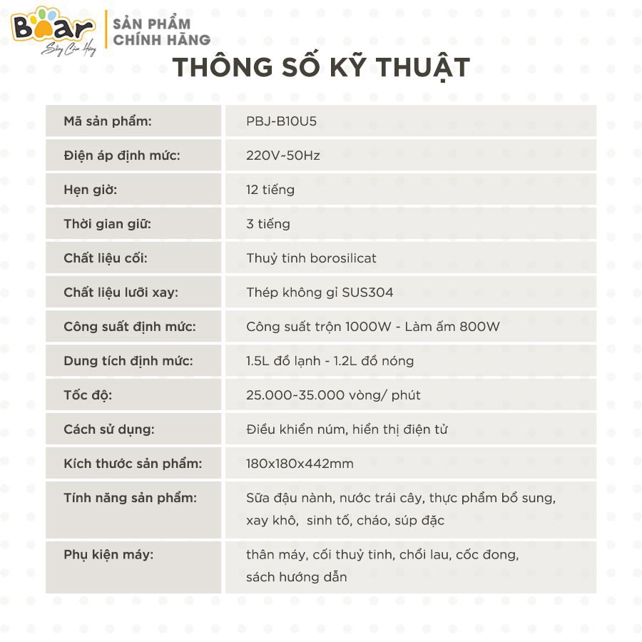 [Có sẵn] Máy làm Sữa Hạt Tự động Đa năng Bear PBJ-B10U5