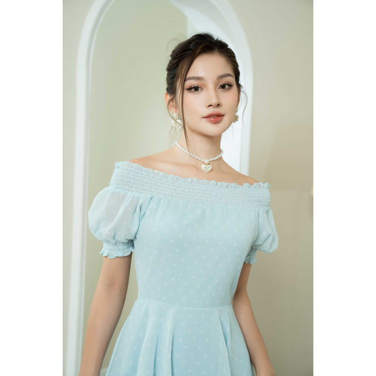 Đầm voan trễ vai chấm bi SIXDO (Polka Dot Midi Voile Dress)