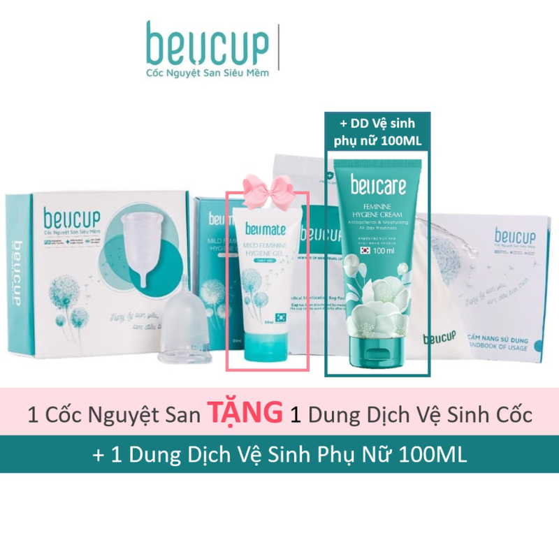 Bộ sản phẩm Cốc nguyệt san BeUcup siêu mềm silicol y tế tặng gel vệ sinh cốc và 1 dung dịch vệ sinh phụ nữ BeUcare nhập khẩu