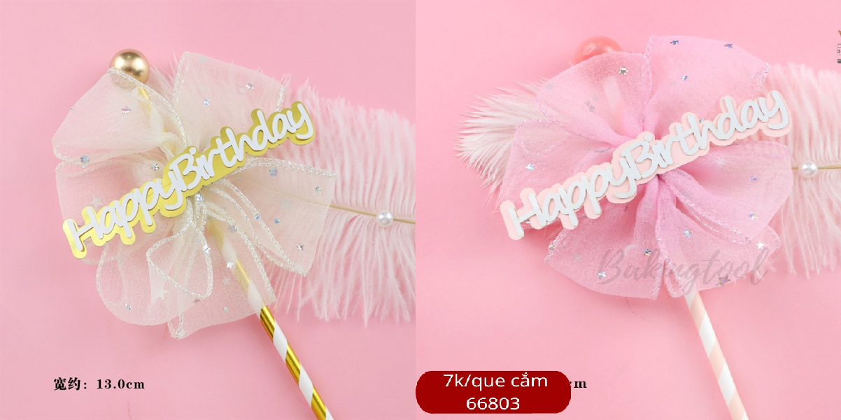 Que cắm HPBD Nơ chấm bi Hồng- Vàng