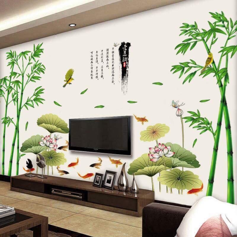 [HOASEN] DECAL TRANG TRÍ PHÒNG KHÁCH, DÁN TƯỜNG HOA SEN VÀ CÁ