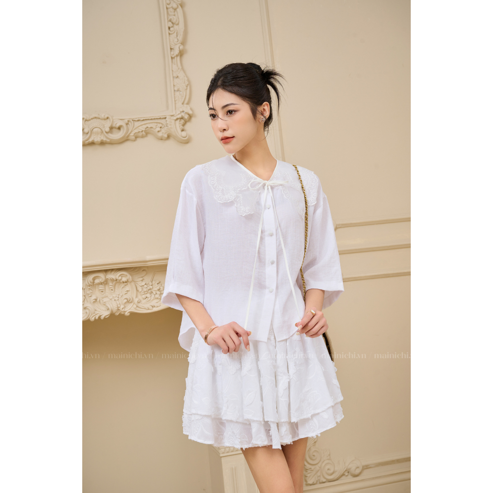 Áo Sơ Mi   Linen Cổ Thêu Họa Tiết Phối