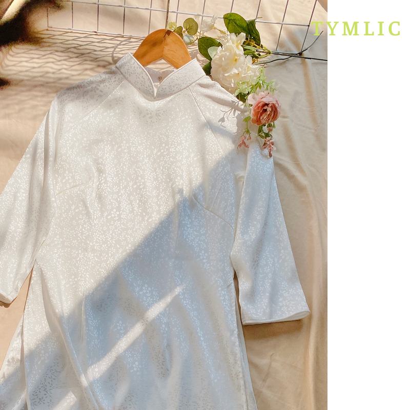 Áo Dài Lụa Gấm Hoa Nhí Màu Trắng TYMLIC
