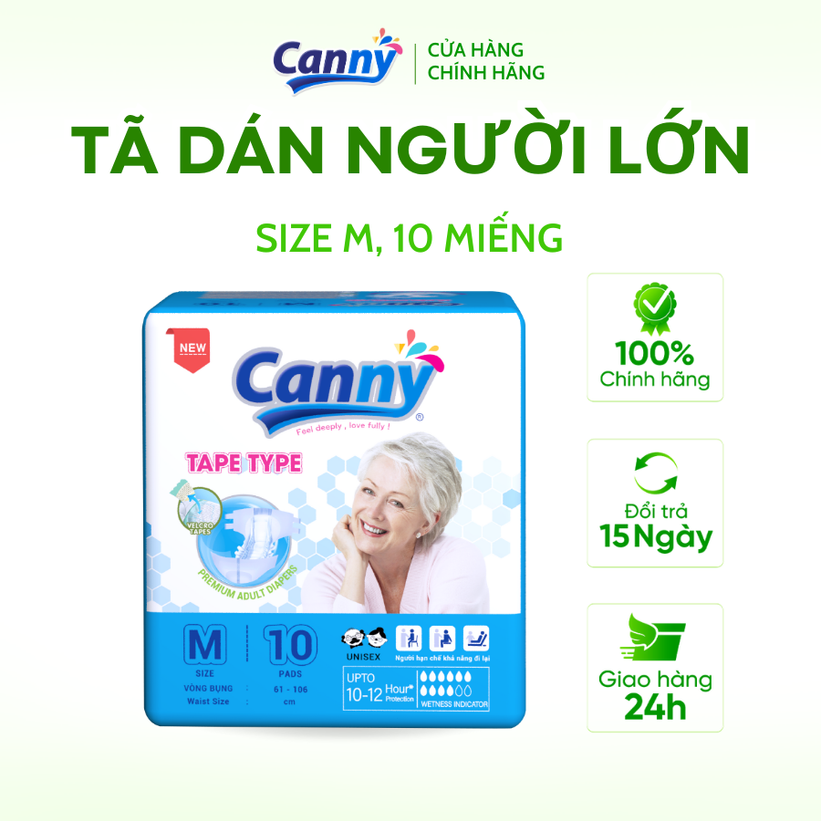Tã Dán Người Lớn Canny Siêu Mềm, Siêu Thấm, Kháng Khuẩn Size M/L/XL (10 Miếng)