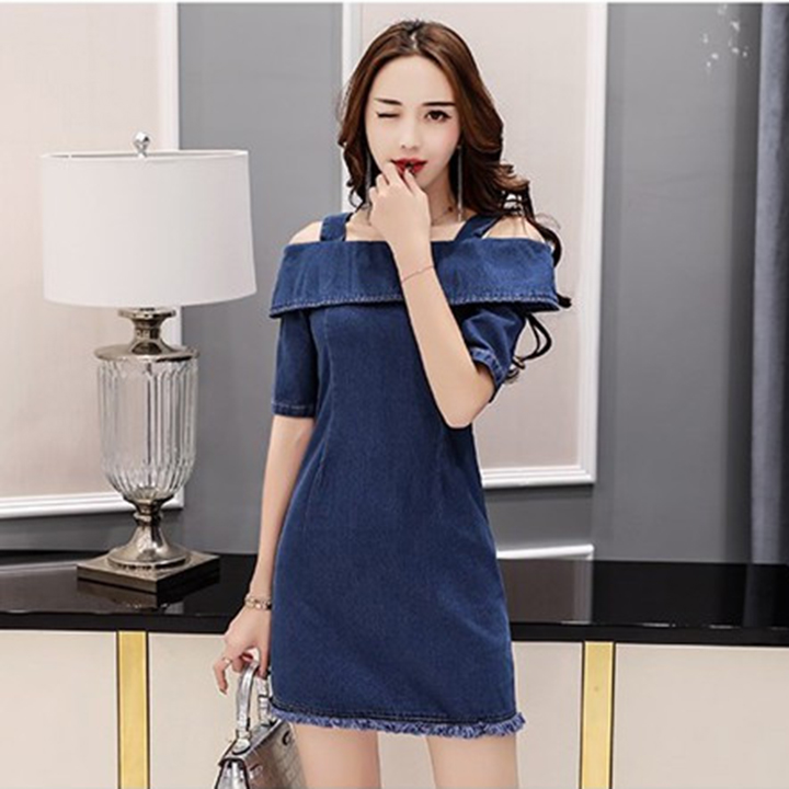 Đầm Jean Nữ Lai Tua Rua Trễ Vai