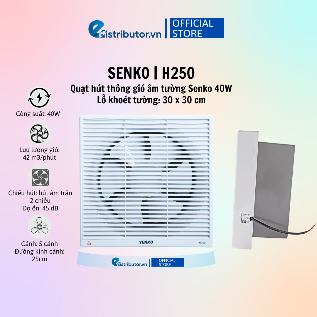 Quạt Hút Thông Gió Hút 2 Chiều Âm Tường Cao Cấp Senko H250 - Công Suất 40w - Hàng Chính Hãng - Bảo Hành 24 Tháng