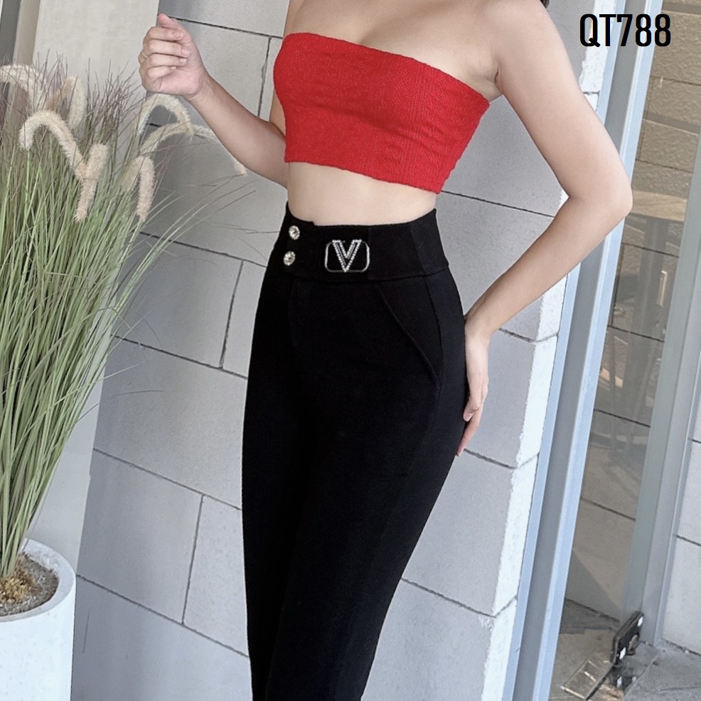 Quần tây nữ 2 nút gắn tag chữ V chất lụa thun co giãn QT788
