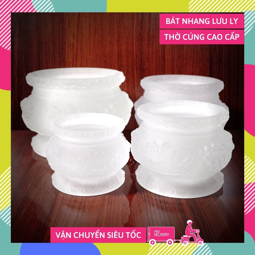 [HCM]Bát nhang lư hương lưu ly trắng mờ sen nở hàng VIP - Nhiều cỡ