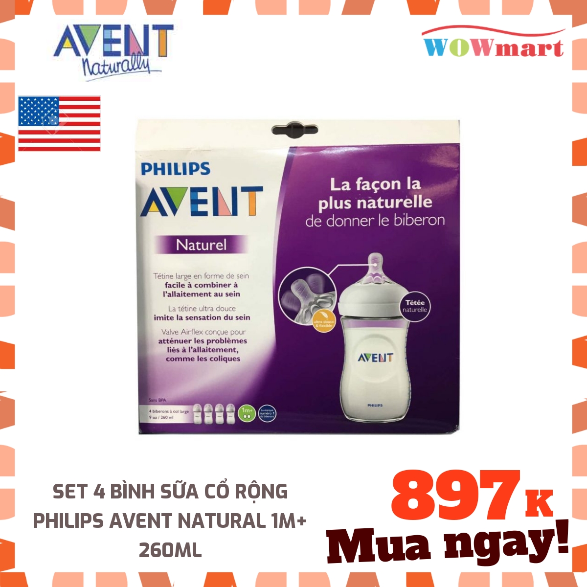 [HCM]Set 4 bình sữa cổ rộng Philips Avent Natural 1m+ 260ml - [Mỹ]